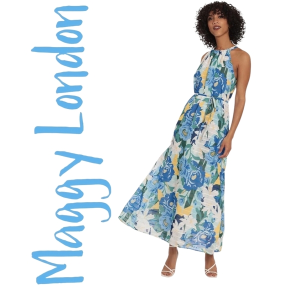 Maggy London MultiFloral Halter Neck Maxi Dress Blue Waist Skinny Tie NWOT Sz 12 - Picture 1 of 16